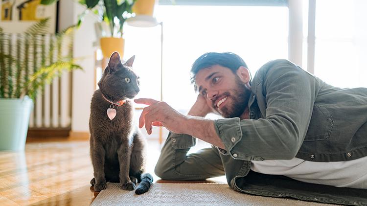 Gentleman on living room floor playing with his cat.